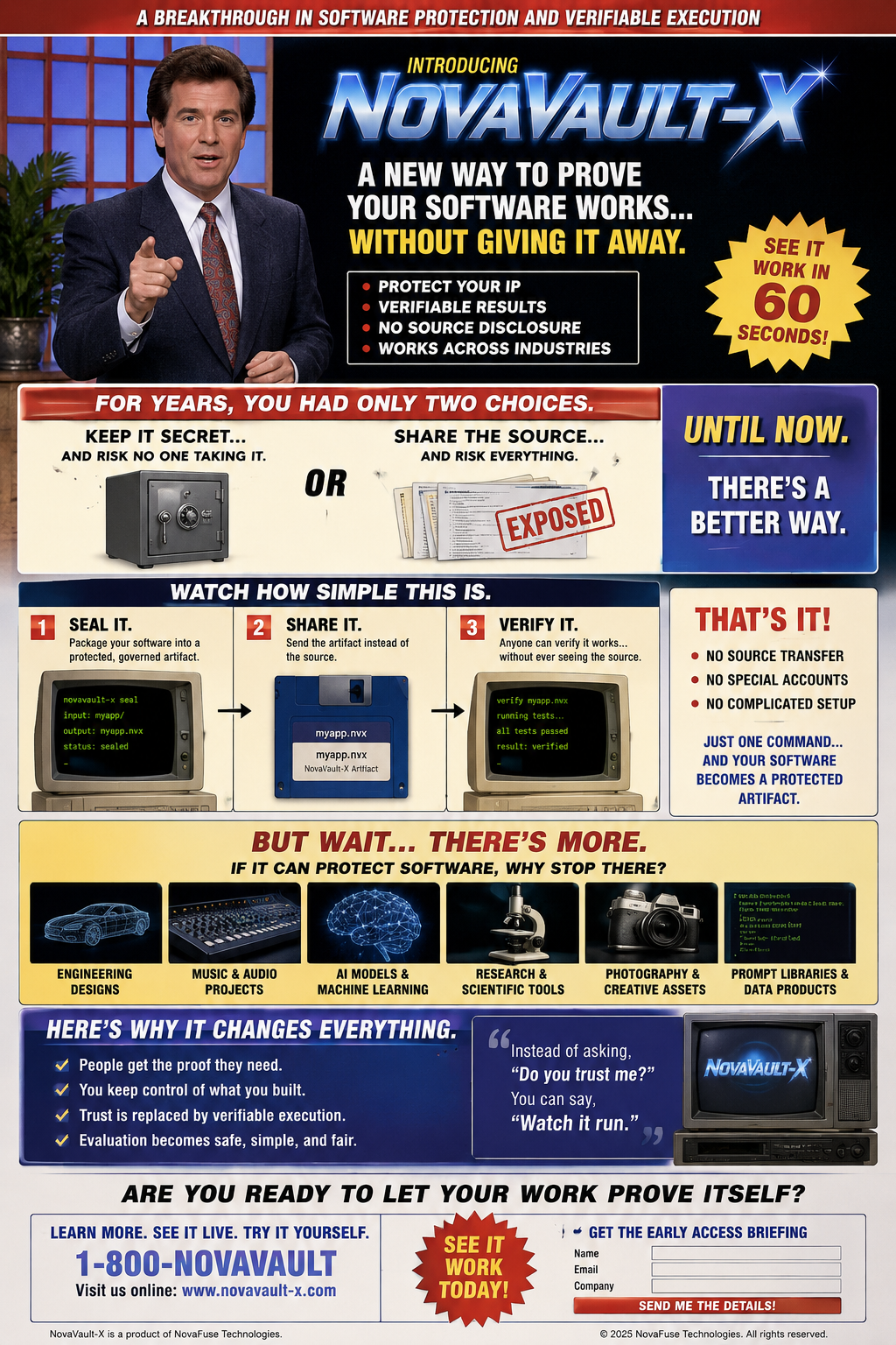 NovaVault-X infomercial poster explaining sealed artifacts, verification, and no source-code disclosure